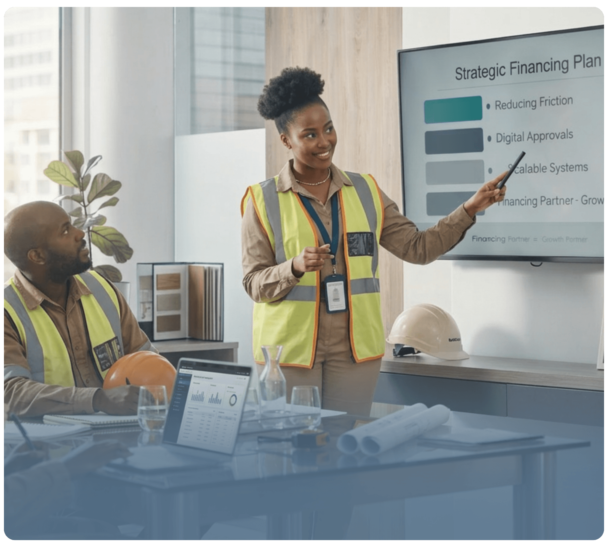 Contractor team reviewing financing strategies